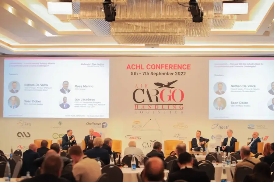 Panel session at the Air Cargo Handling & Logistics Conference 2022 in Athens, with ALS among sponsor logos